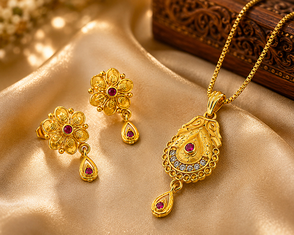 Gold-Tone Floral Pendant Necklace & Earrings Set3 copy