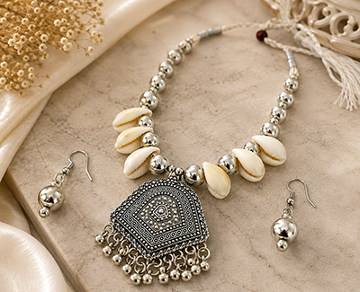 Oxidized Silver Cowrie Shell Necklace & Earrings Set2
