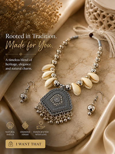 Oxidized Silver Cowrie Shell Necklace & Earrings Set4