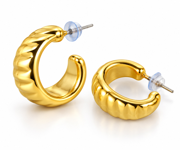 Ribbed Crescent Hoop Korean Earrings