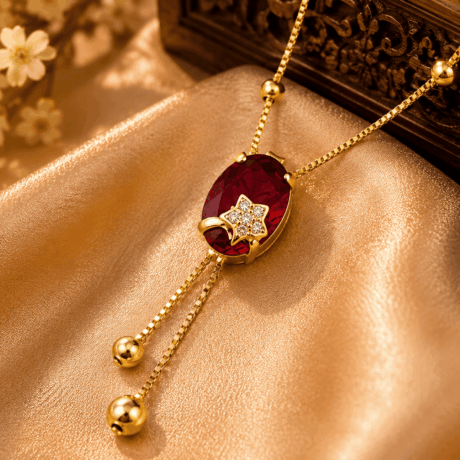 Gold-Tone Ruby Red Oval Pendant Necklace