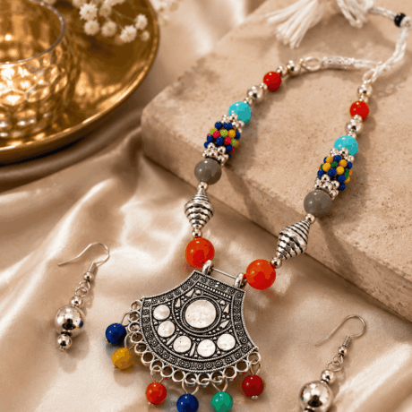 Multicolor Beaded Oxidized Silver Necklace & Earrings Set