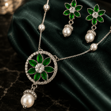 Green Floral Pearl Jewellery Set