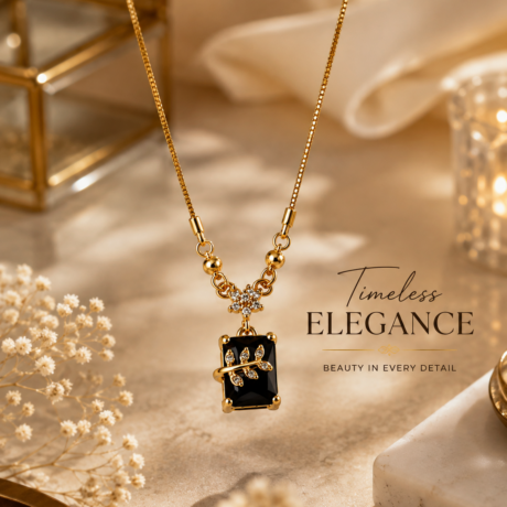 Black Gemstone Gold-Tone Pendant Necklace