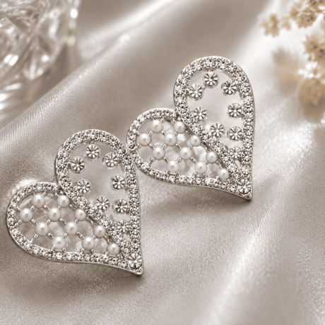 Elegant Heart-Shaped Pearl & Crystal Drop Earrings