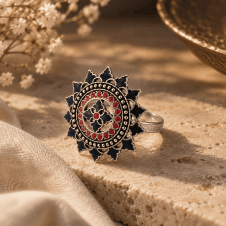 Lotus Mandala Oxidized Silver Ring