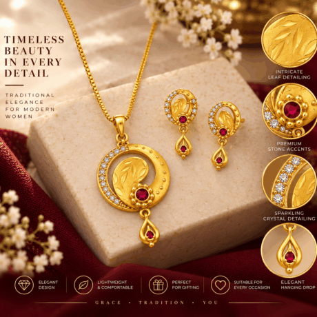 Gold-Tone Leaf & Ruby Pendant Necklace Set