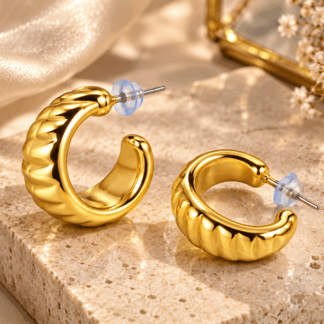 Ribbed Crescent Hoop Korean Earrings