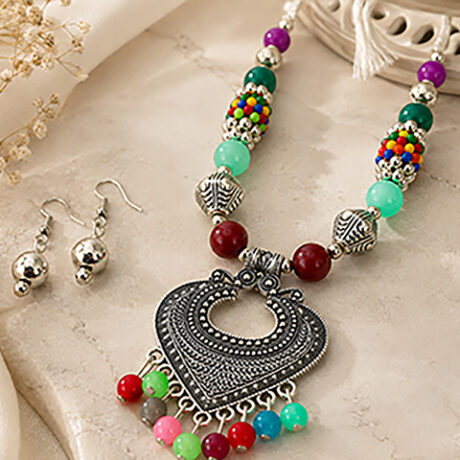 Multicolor Beaded Oxidized Silver Necklace Set