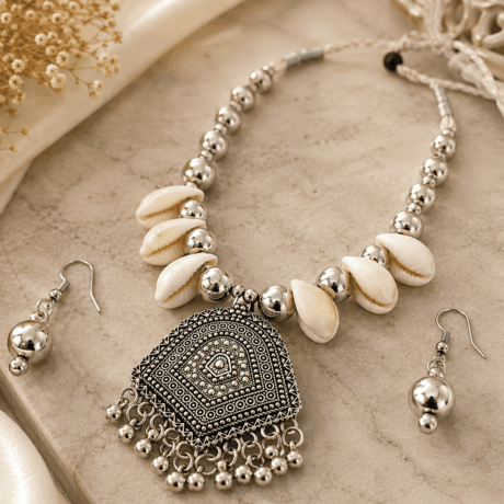 Oxidized Silver Cowrie Shell Necklace & Earrings Set